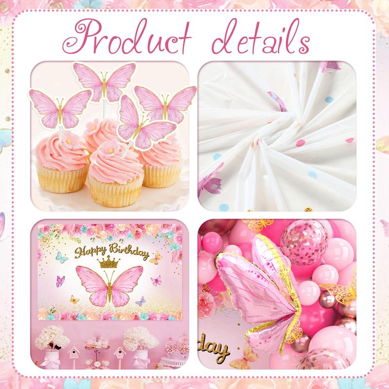Butterfly Pink/PurpleBalloon Tablecloth Backdrop Set,94pcs Pink Butterfly Latex Balloon Girls Birthday Party Decoration,Happy Butterfly Birthday Balloon Decor