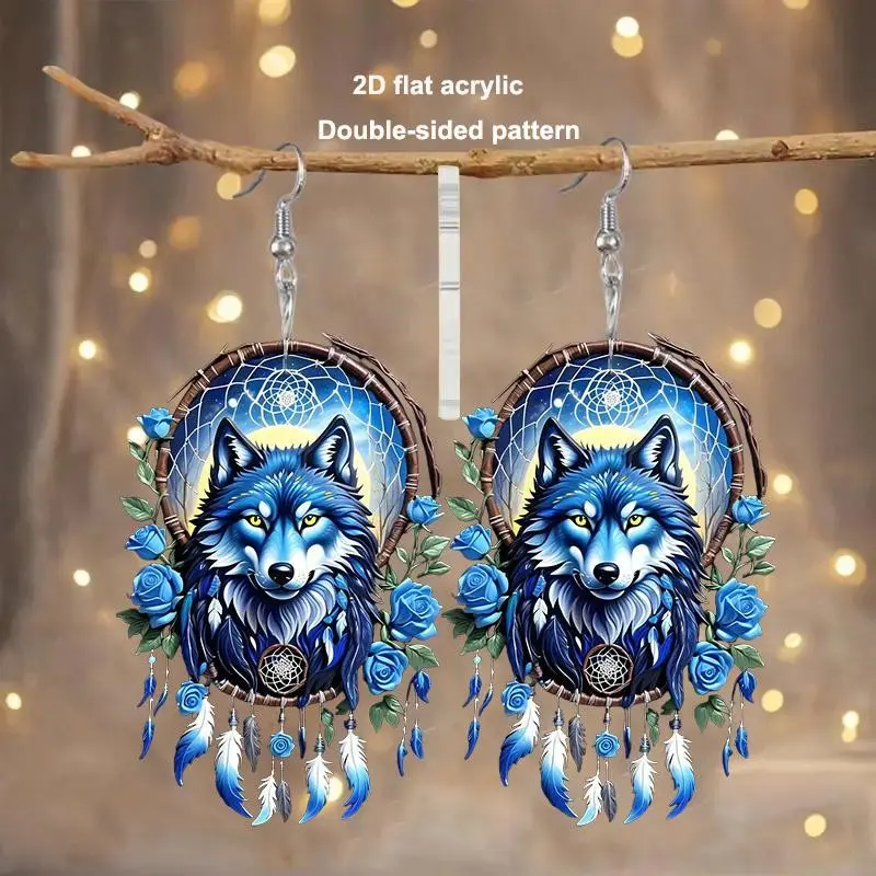 2Dflat2PairsofBohemianStyle2DFlatAcrylicWolfHeadDreamCatcherEarringswithStainlessSteelHooks-BlueandWhiteWolfDesign,Feather-InspiredPatterns,PerfectforAnniversaries,Birthdays,Holidays,Parties,andCasualWear,