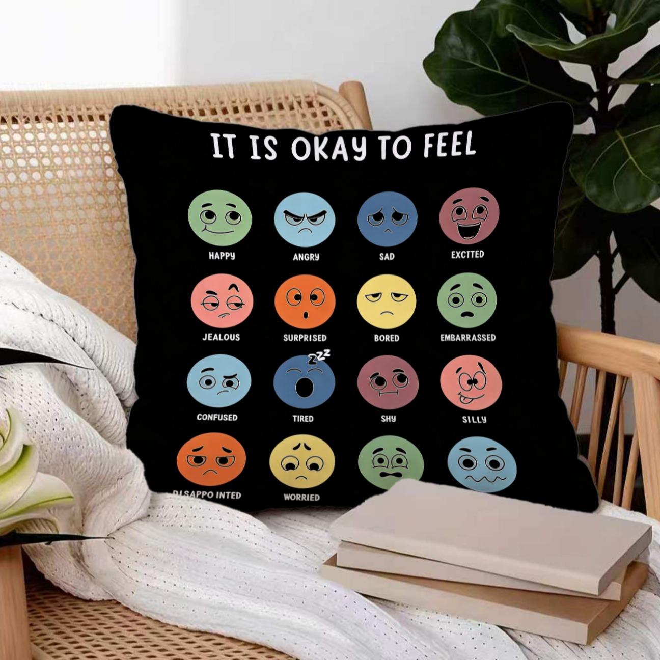 18 Inch It Is Okay to Feel Emotion Pillow Cover, Mental Health Awareness Emoji Throw Pillowcase, Dual Color Soft Cushion Cover for Sofa Couch Bedroom, Ideal Gift for Anxiety Relief & Self Care