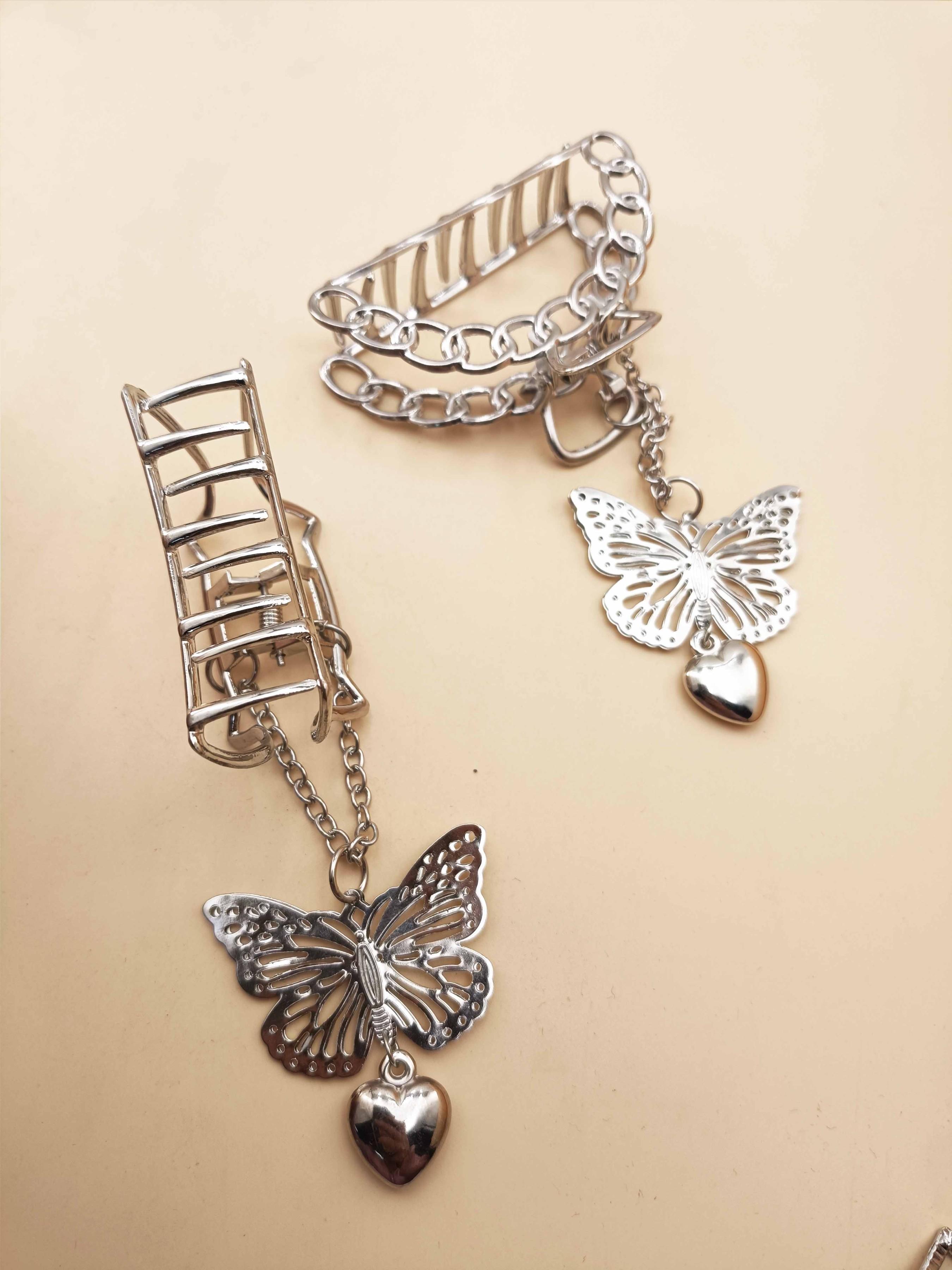 1PC Butterfly Heart Pendant Chain Metal Hair Clip, Elegant Hollow Design, Versatile Accessory for Travel and Beachwear, All Seasons