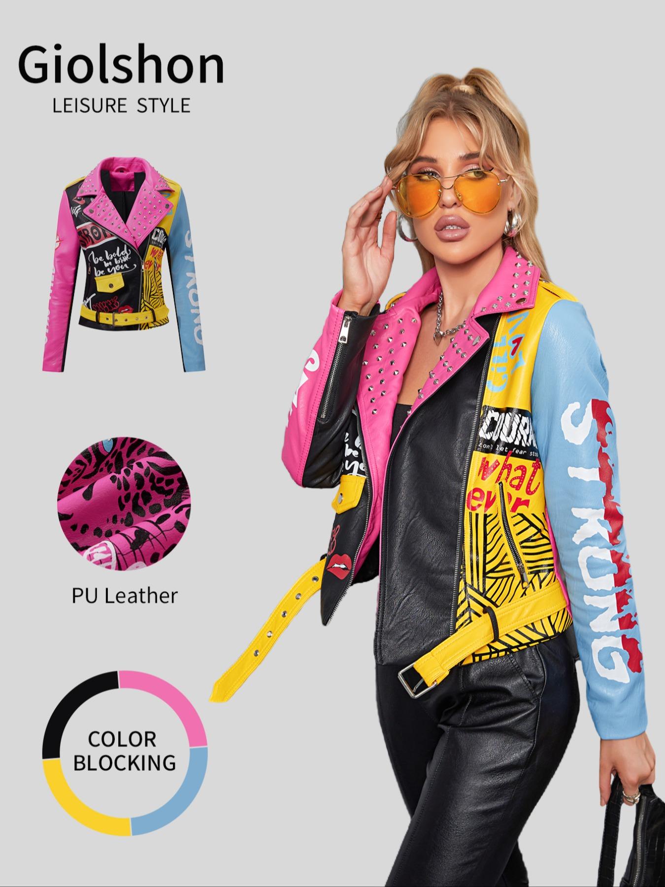 Women's PU Jacket with Belt, Casual Fitted Biker Jacket, Colorblock Animal Print Rivet Design, All Seasons Wearable Outerwear, Casual Fashionable Outerwear