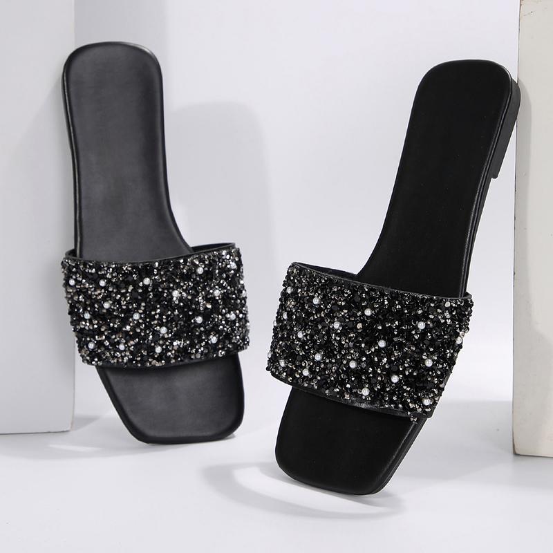 Women's Rhinestone Glitter Slipper Flat Sandals Casual Open Toe Slides, Perfect for Outdoor Wear