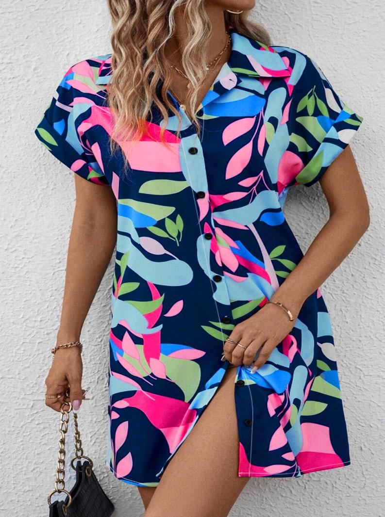 Plus Size Lapel Short Sleeve Shirt Dress, Botanical Print, Loose Curvy Friendly Mini Dress