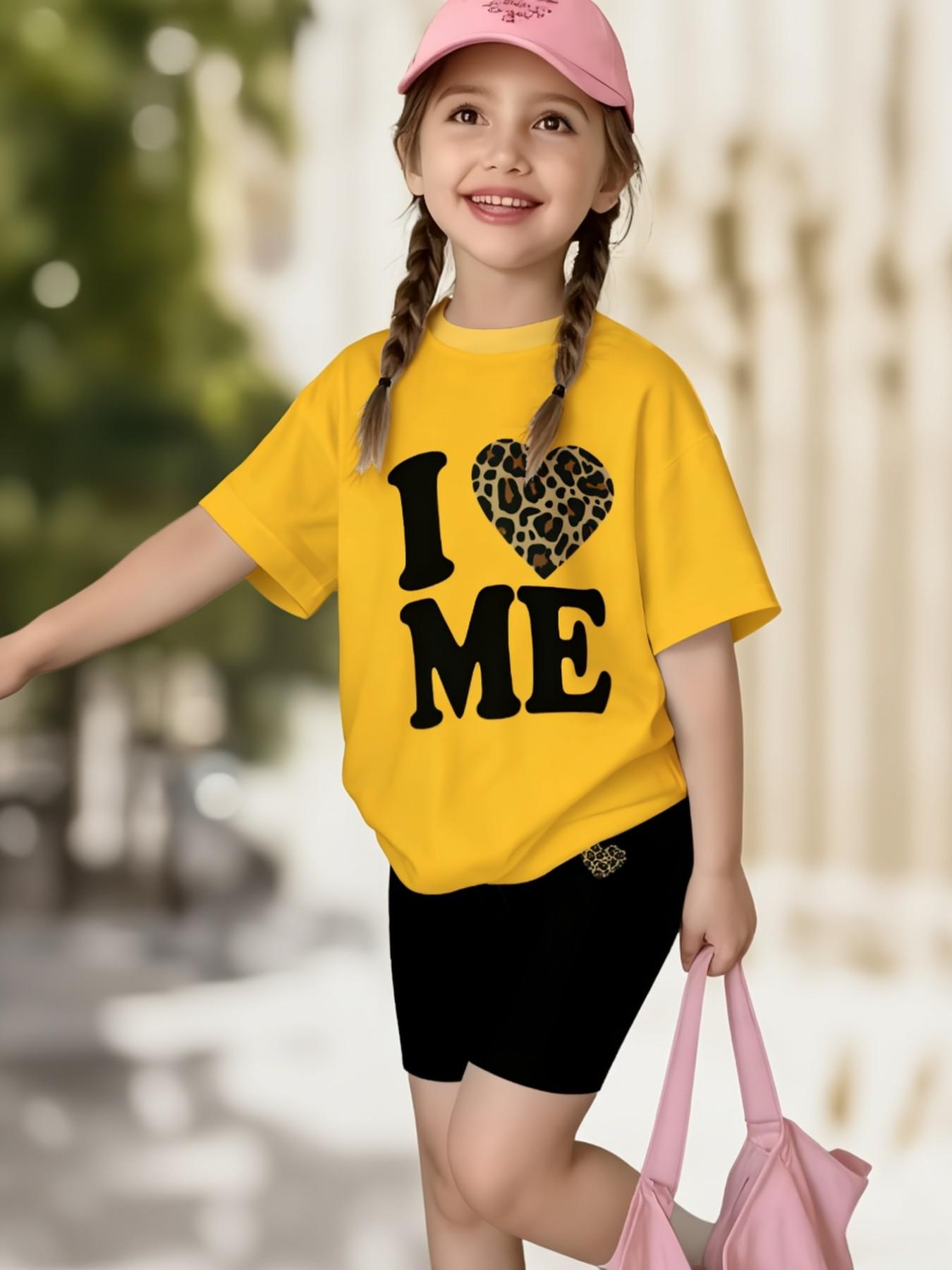 Girls Bright Yellow I ❤️ ME Leopard Heart Print Short Sleeve Set Summer Streetwear Kids Casual 2Pcs