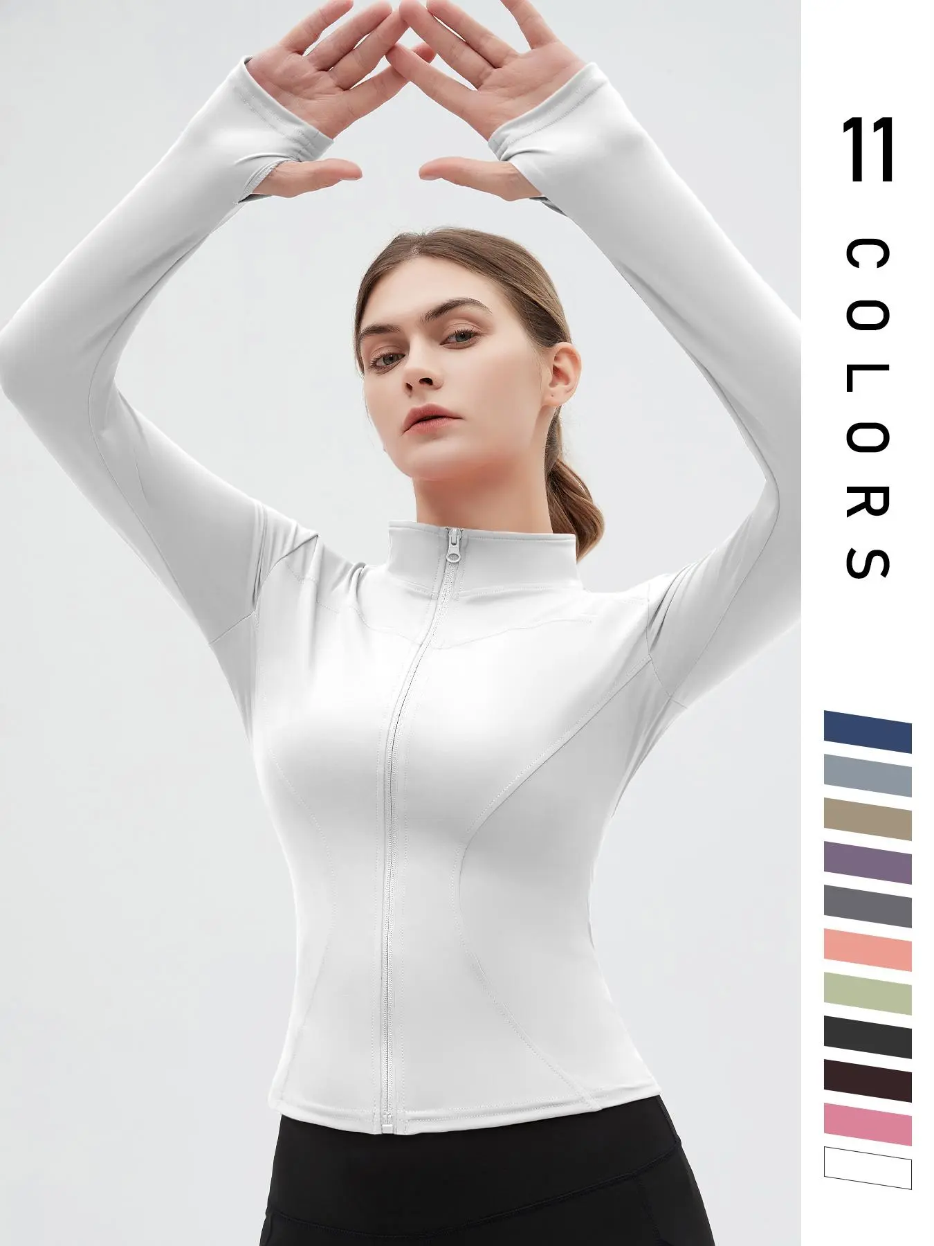 Women's Thumb Holes Zip Up Sports Jacket, Thumbhole Jacket, Sporty Plain Long Sleeve Tops, Women's Sportswear for Tennis Pickleball Indoor Outdoor Wear, Sports Outerwear, Zip Front Jacket