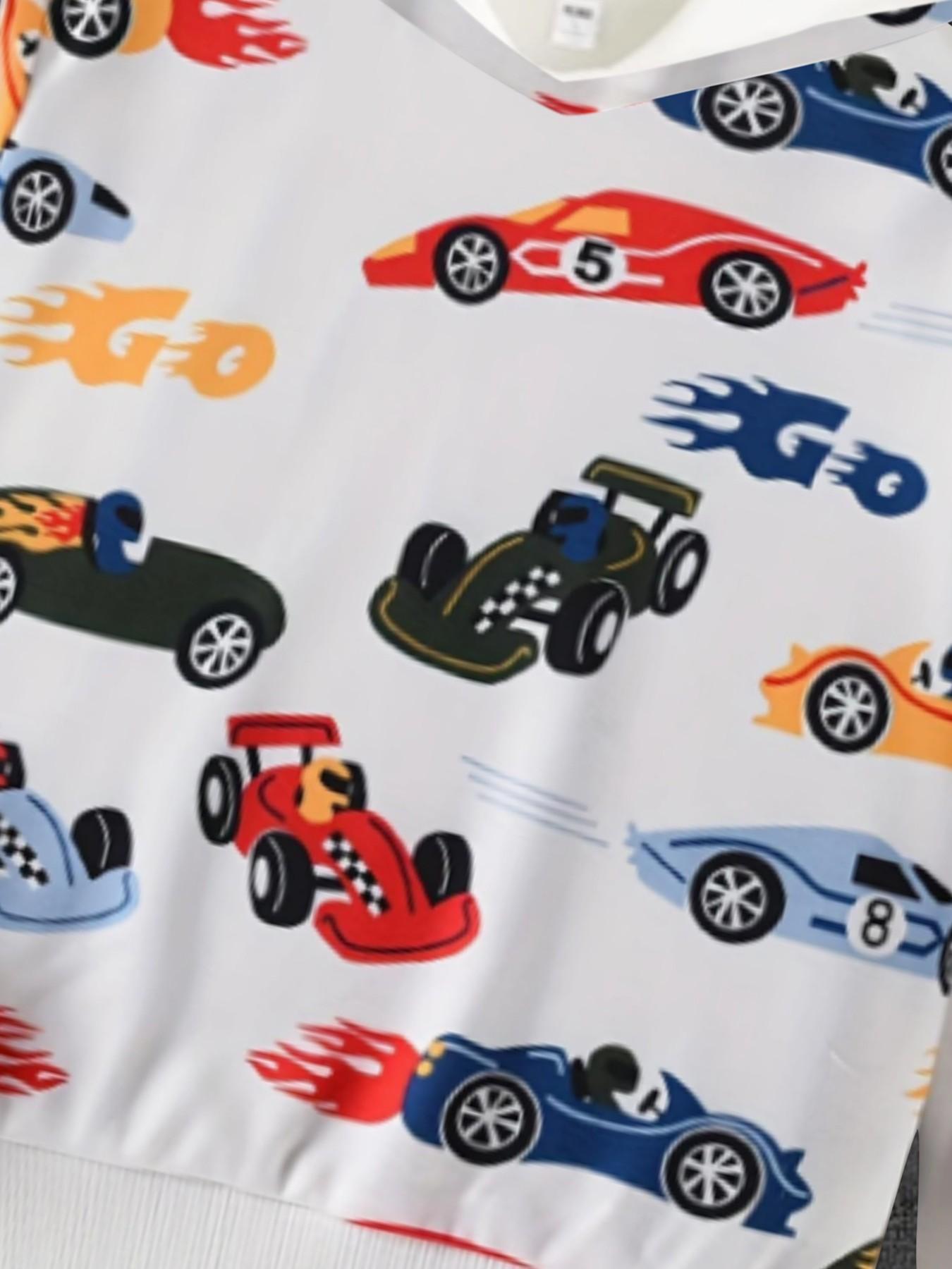 Boys' Round Neck Sporty Sweatshirt T-Shirt, Casual Spring Fall Design, Car Pattern Print, Perfect for Daily Wear, Kids Fashion Apparel