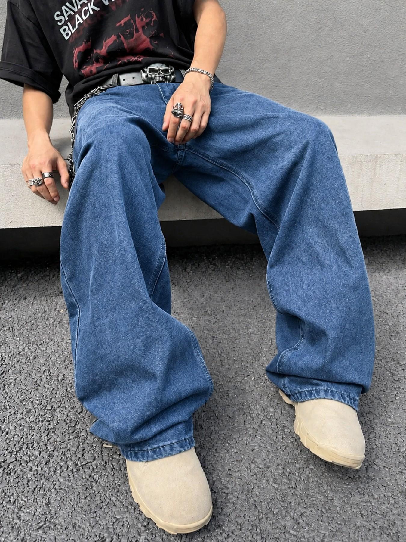 Men’s Blue Washed Jacquard Baggy Jeans, Curved Panel Seams, Wide Leg Loose Fit, Y2K Streetwear Denim Jeans, All Seasons