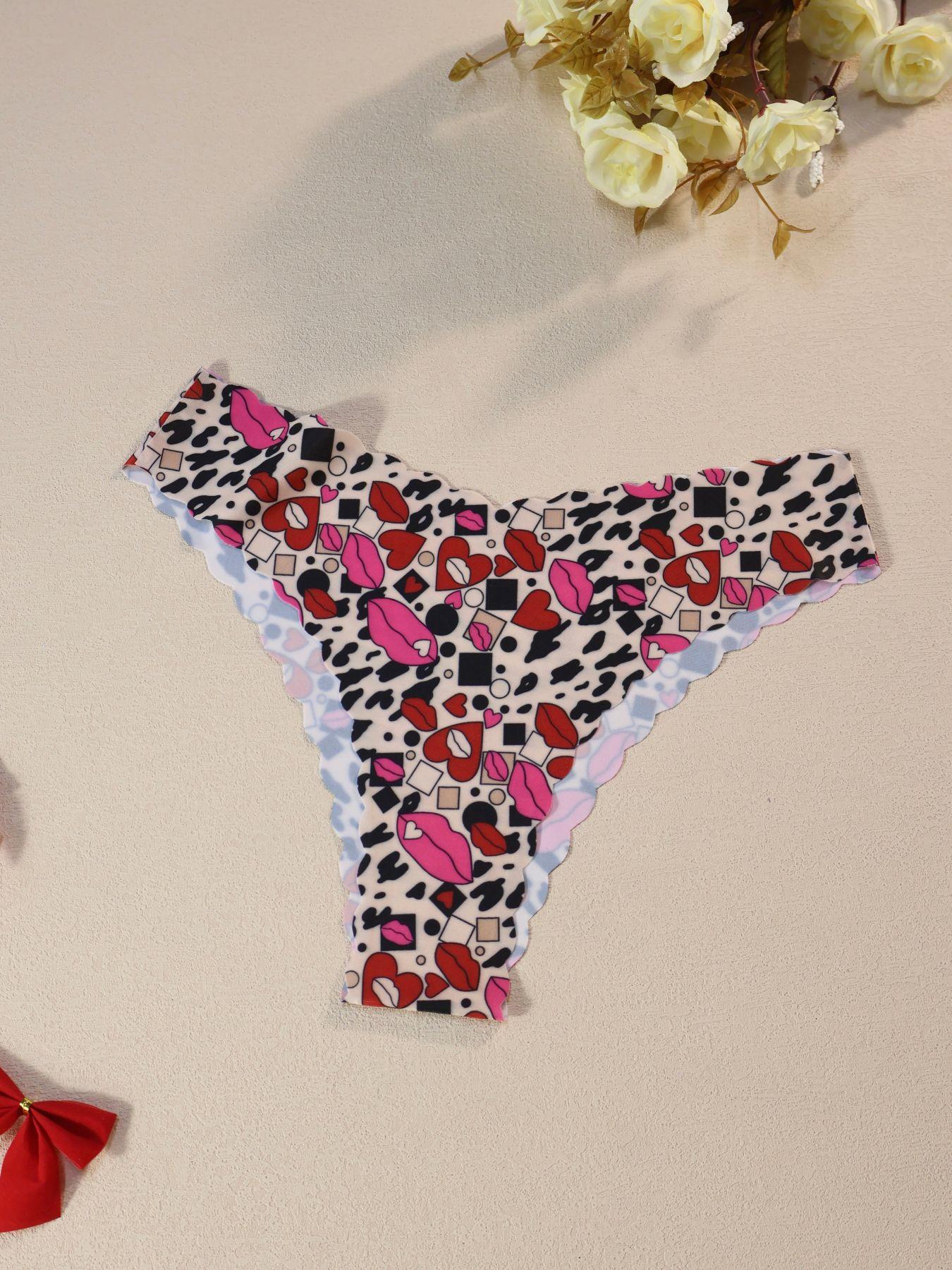 Women's Comfortable Skin-Friendly Underwear Set, Heart & Floral Print Design, V-Shape Pull-Up Waistband, Casual Fitted Style, Seamless Panties