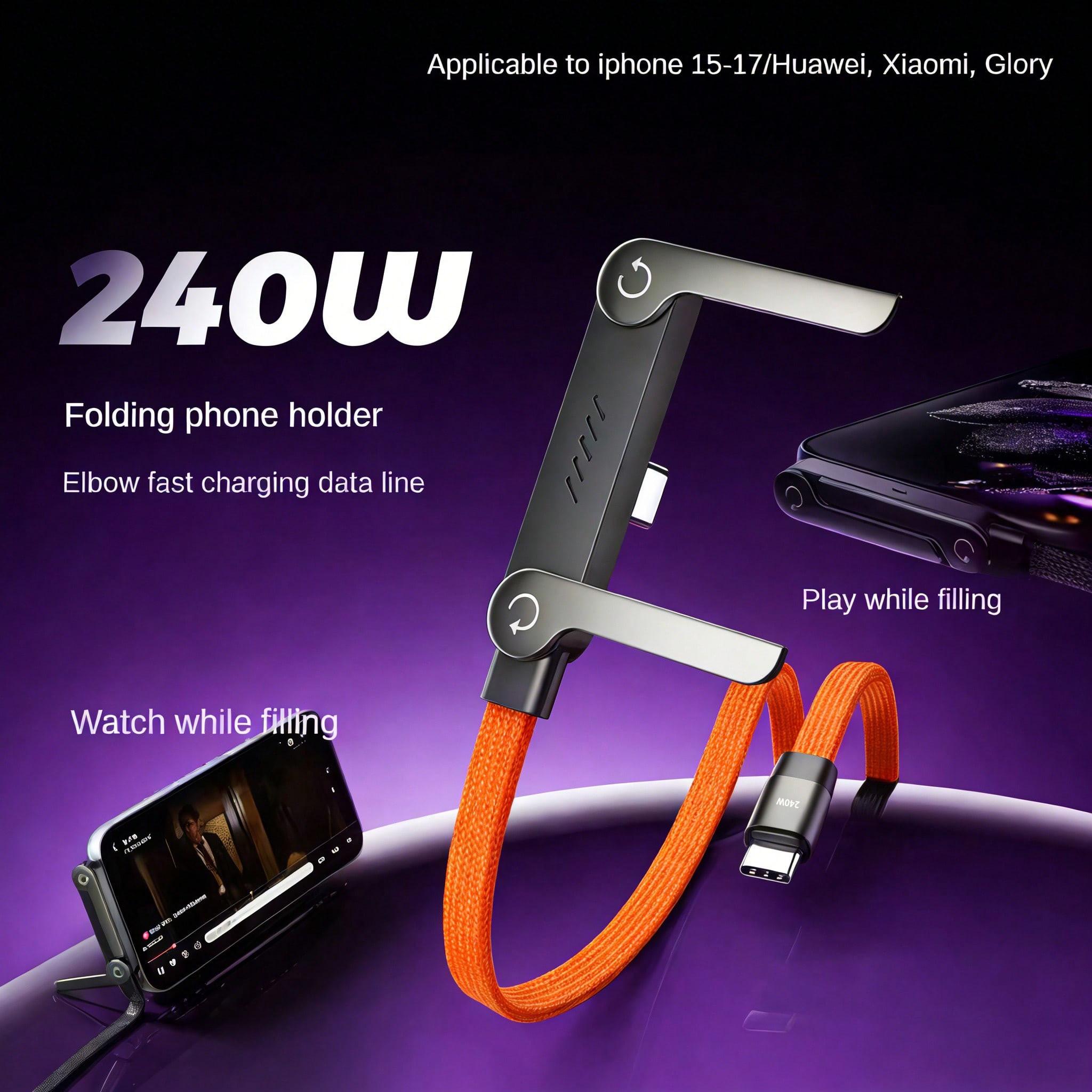 240W (Max) Orange Fast Charging Braided Data Cable, 2026 Latest Orange Stand Data Cable, featuring nylon braided material, supporting fast charging, with integrated phone stand, T-shaped foldable design, USB-C to Type-C interface. Compatible with iPhone 1
