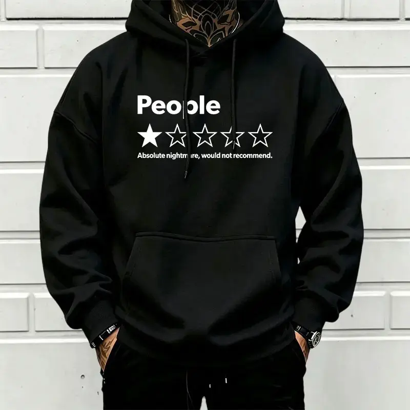 Men's Unisex Loose-Fit Long-Sleeve Cotton-Blend Hoodie Pullover Sweatshirt - 1-Star Review Meme Print, Drop-Shoulder, Soft Fabric, Sarcastic Quirky Style, American Streetwear, Casual Pullover for Everyday Commuting, Going Out
