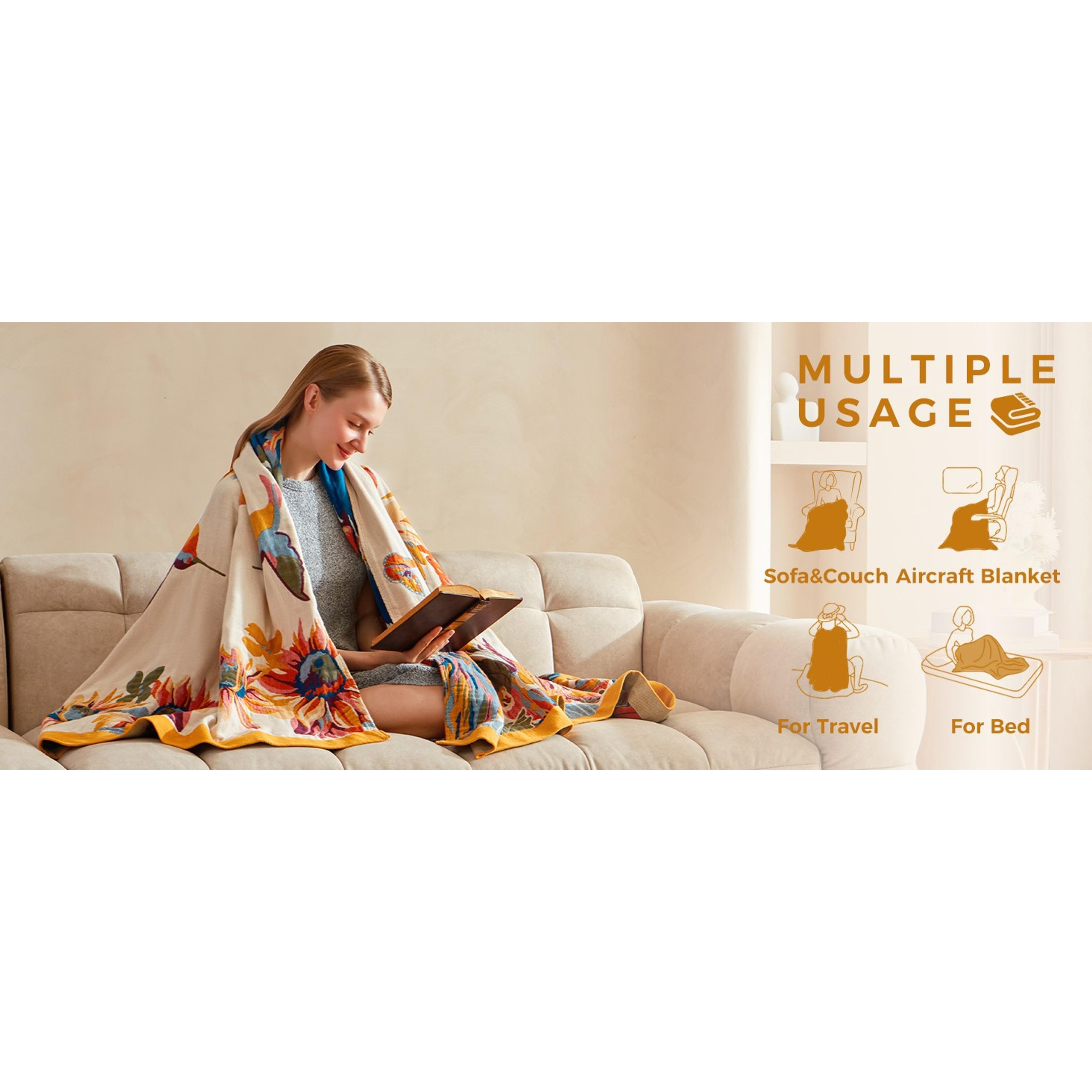 Reversible Jacquard Print Rectangular Boho Cotton Throw Blanket, 60"x80" 100% Cotton Lightweight Breathable Gauze, All-Season Couch Bed Chair Decor, Floral Butterfly Design