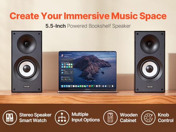 VEVOR Powered Bookshelf Speakers, 25Wx 2, Active Studio Monitor Speaker with 5.5 Inch Woofer, Bluetooth/RCA/Coaxial/Optical/USB/Subwoofer Connection, Wooden Enclosure, for Record Player Turntable PC