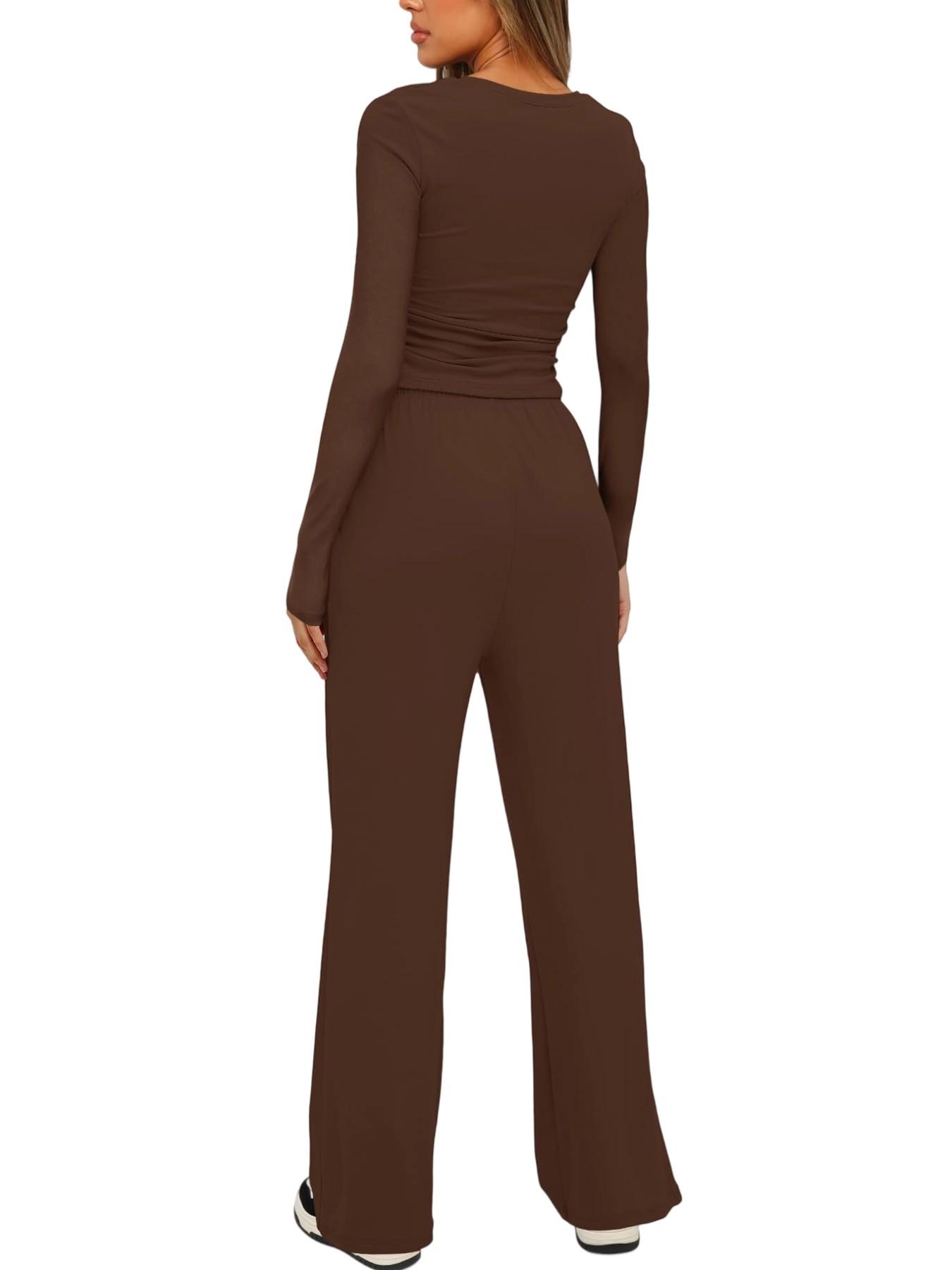 Women's Solid Ruched Drawstring Loungewear Set, Casual Long Sleeve Round Neck Top & Pocket Wide Leg Trousers, Spring Summer Sleepwear Pajama Set