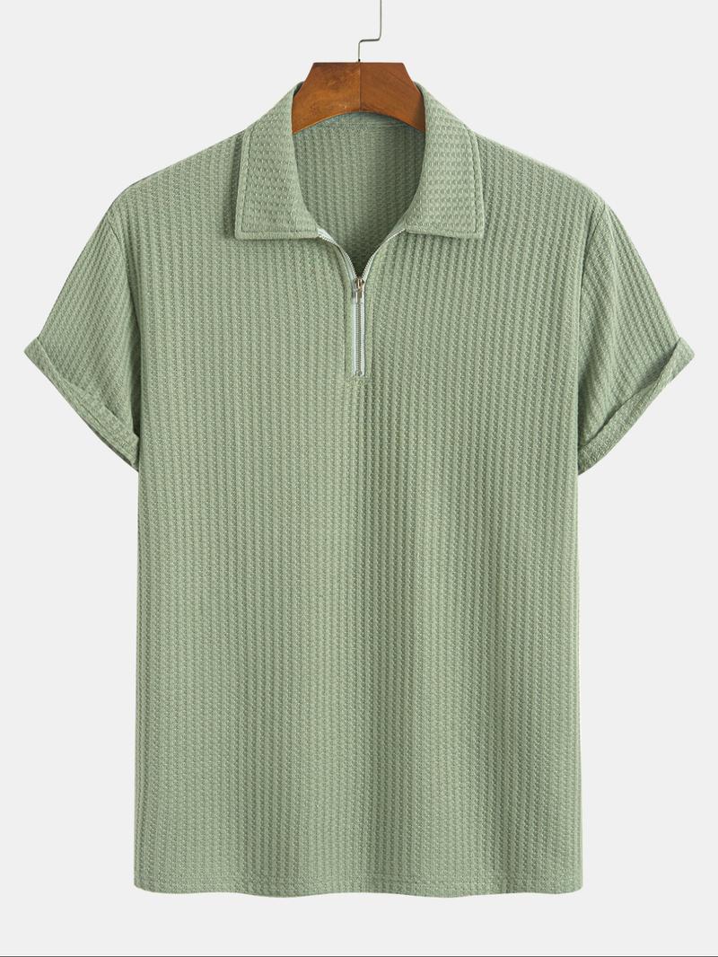 Men's Solid Ribbed Short Sleeve Knitted Polo Shirt, Solid Zipper Polo, Regular Fit Casual Breathable Comfy Top for Summer, Men's Clothes for Daily Wear