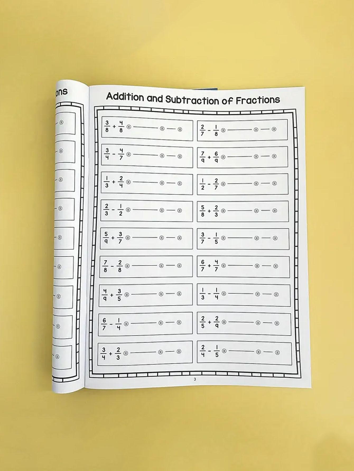 Elementary Math Workbook Set, Focuses on Basic Fraction Calculations, Includes Guided Addition Subtraction Multiplication Division Practice, Math Worksheets, Math Exercises