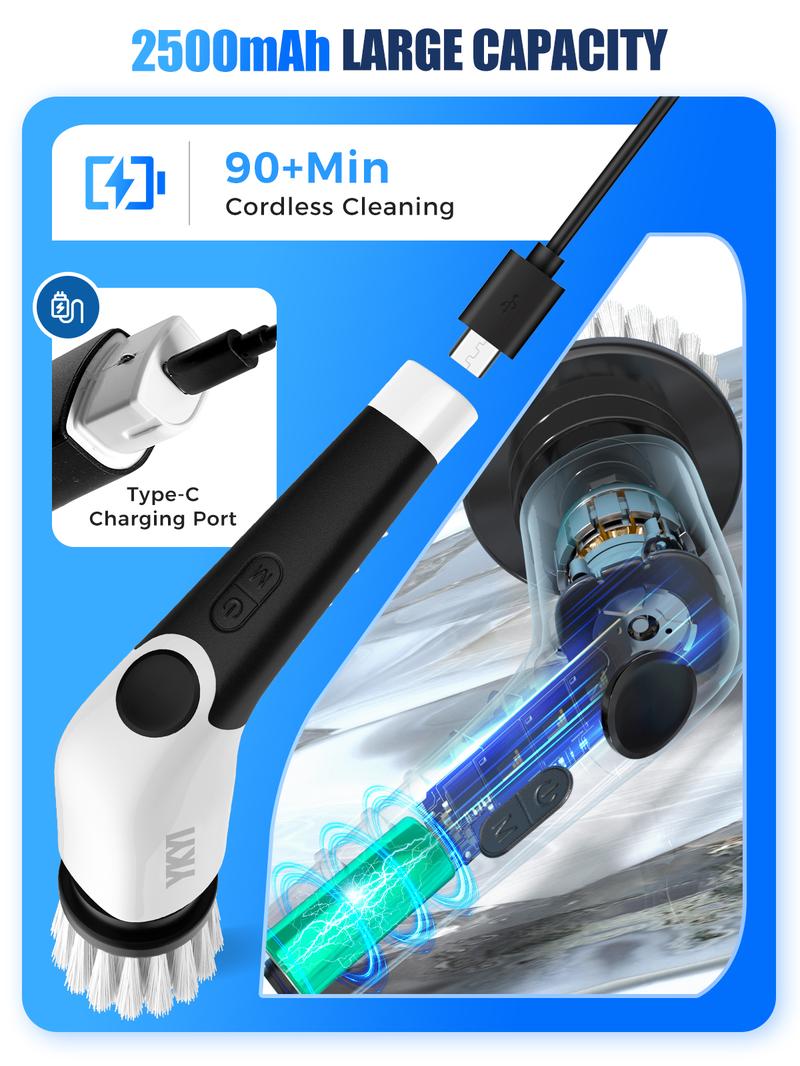 YKYI Electric Spin Scrubber Cordless Shower Cleaner with 4 Replaceable Brush Heads 3 Adjustable Extension Handle 2 Speeds for Bathroom Toilet Household Kitchen Portable Appliance
