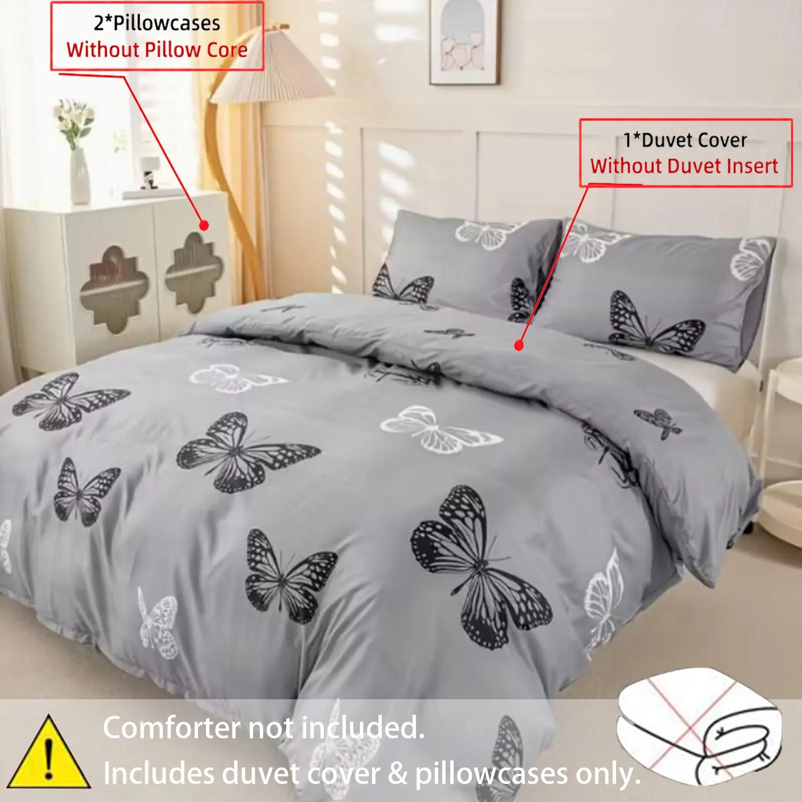 Butterfly Pattern Bedding Set, Decorative Bedding Set, Bed Sheet Sets, Bedroom Bedding Set, Soft Polyester Fiber, Zipper Closure, Includes 1 Fitted Sheet & 2 Pillowcases, All Seasons, Bedsheet Sets