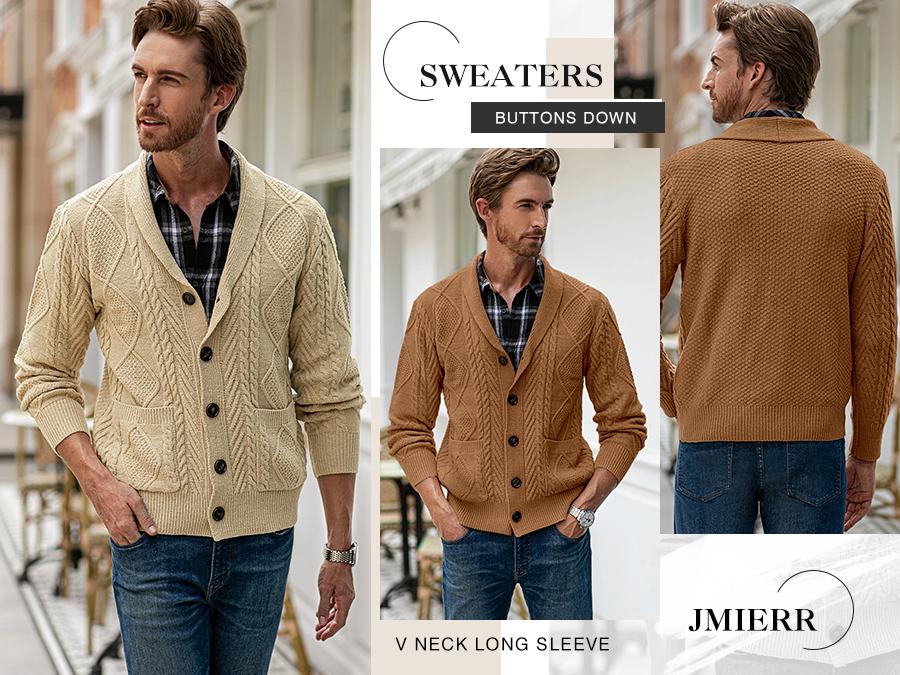 JMIERR Men's Casual Long Sleeve Shawl Collar Buttons Down Cable Knit Cardigan Sweater with Pockets