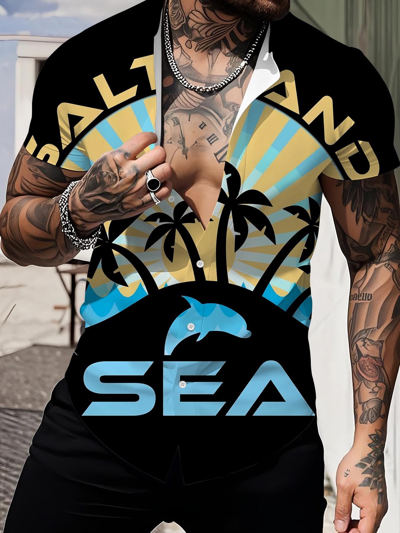 Men's Loose-Fit Casual Shirt, Colorblock Coconut Tree Silhouette, Short Sleeve Button-Down Top, Trendy Summer Wear