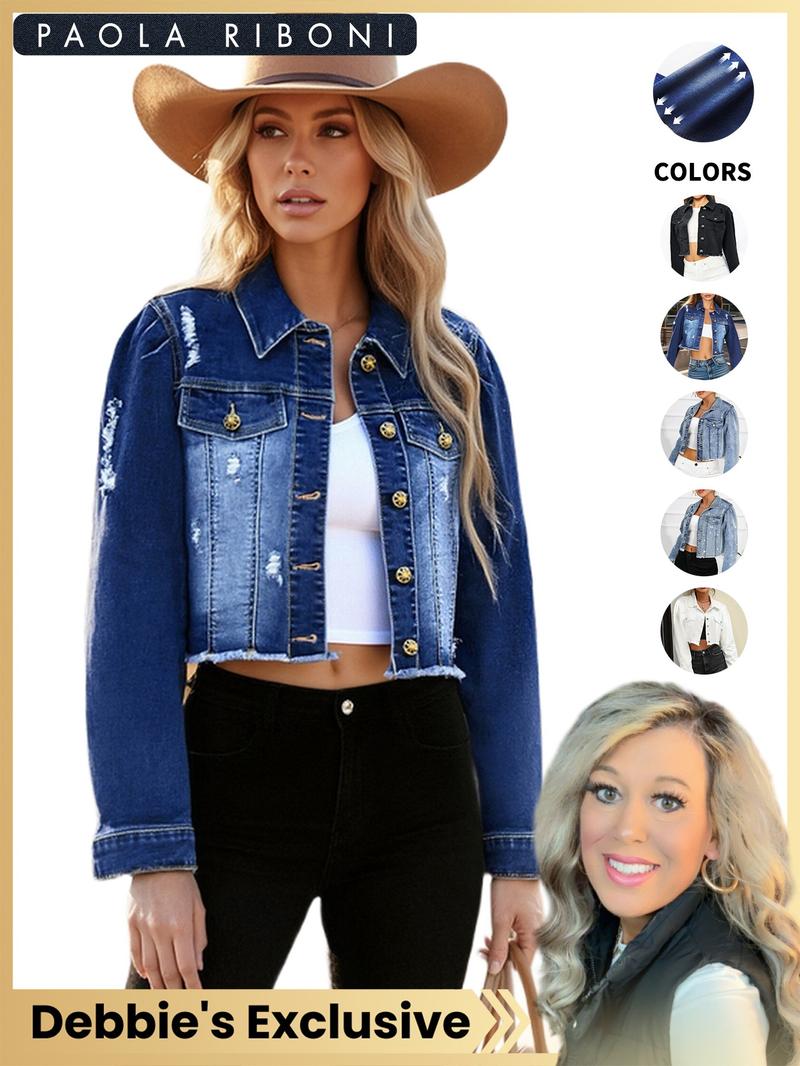 【Debbie's Exclusive】High Elasticity Denim Jacket with Fitted Design, Casual Plain Ripped Style for All Seasons, Long Sleeve Women's Outerwear