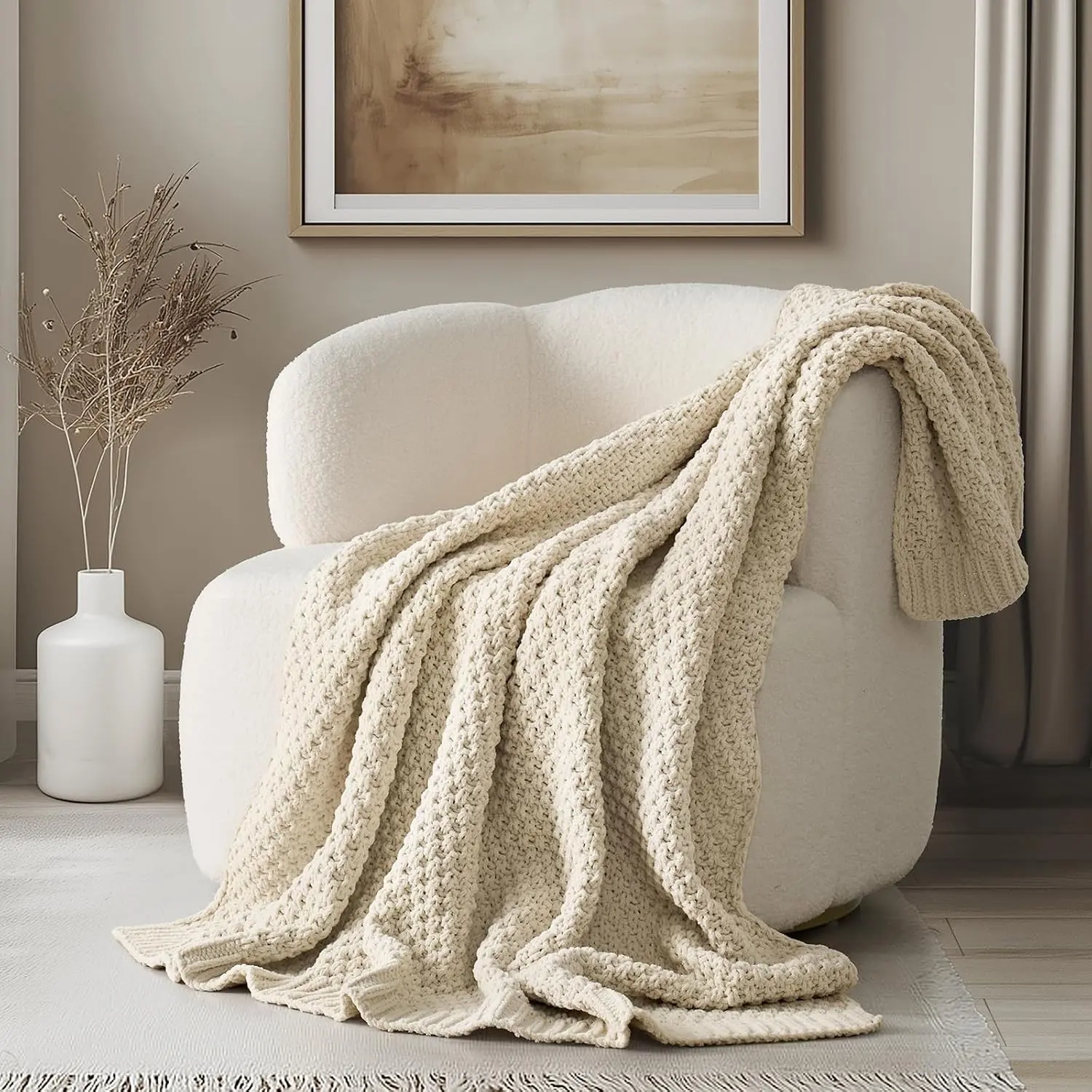 Chunky Chenille Knit Throw Blanket, 60 x 80, Beige | Sculpted Moss Stitch, Chic Modern Farmhouse, All-Season Warmth, OEKO-TEX® Certified, Elegant Blanket for Couch, Bed, Sofa