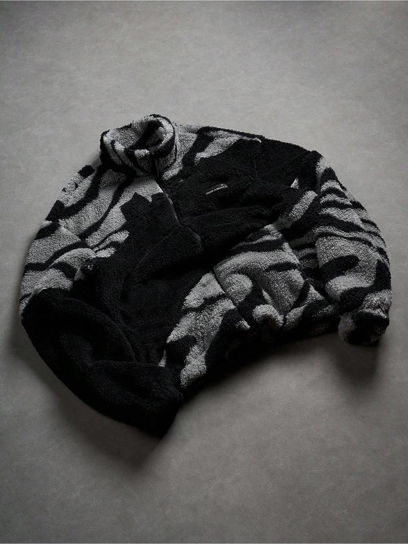 Men's Loose Tribal Pattern Fleece Jacket, Warm Thick Lamb Fur Coat, Camo Print, High Neck Full Zip Outerwear, Winter Street Style