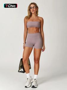 women's solid crop tube top & high waist sports shorts sportswear set, high stretch casual comfy breathable backless strapless top & tummy control skinny shorts for yoga gym workout running, ladies sportswear for all seasons