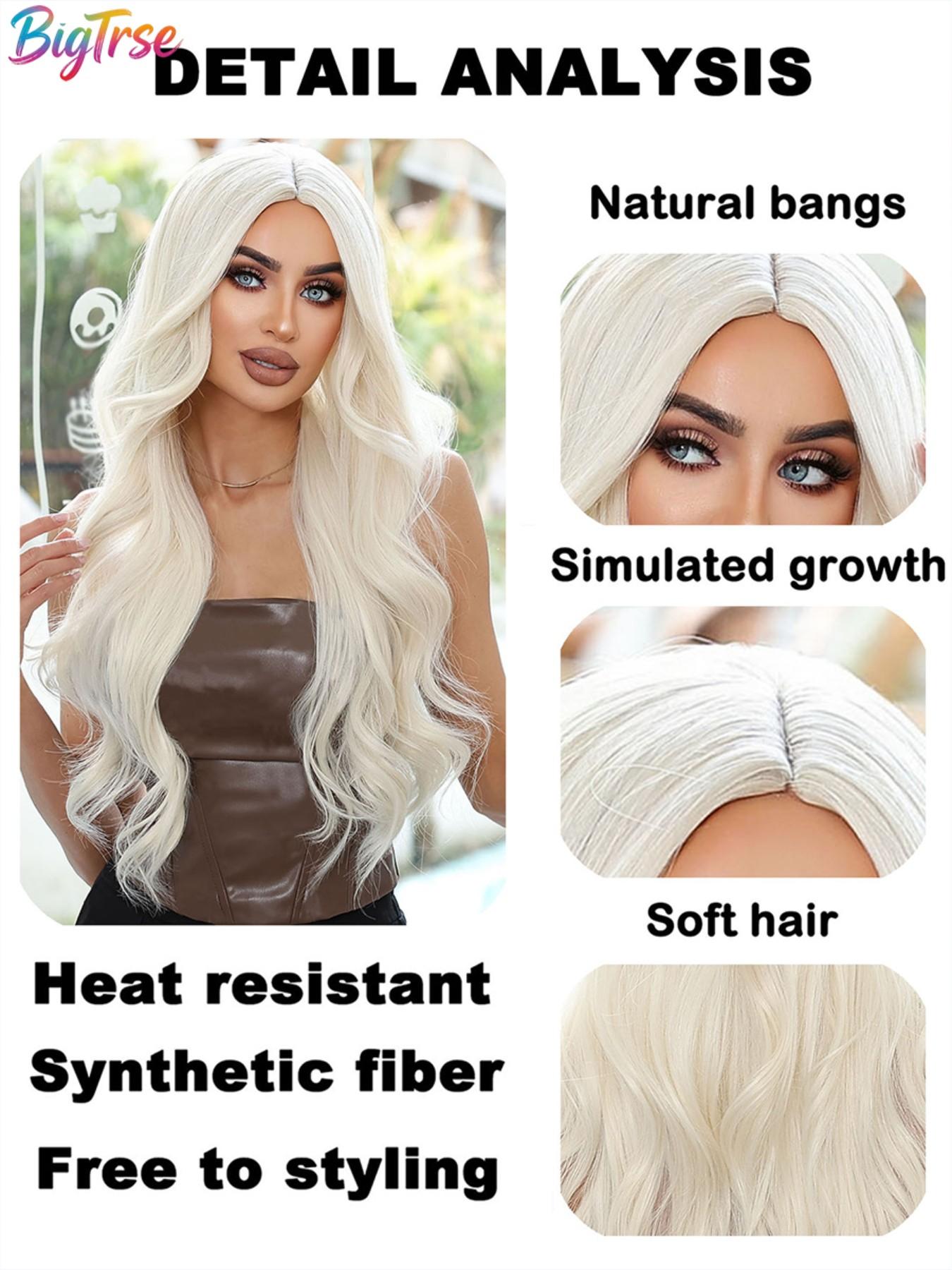 Bigtrse Women's 26-Inch Wavy Synthetic Wig, Platinum, Heat-Resistant Fiber, Natural Hairline, Perfect for Halloween, Parties, Daily Wear