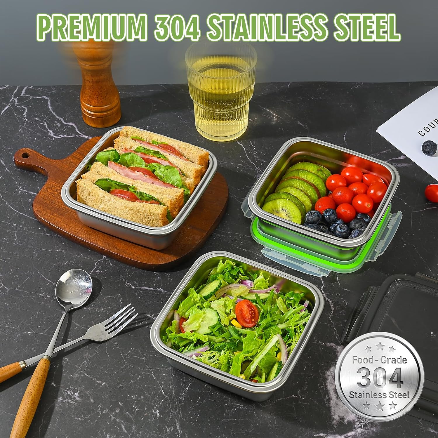 2-Pack 24oz Stainless Steel Sandwich Containers with Airtight Leak-Proof Lids, Metal Lunch Boxes for Meal Prep & Travel, Dishwasher Safe (Green, Black), Lid, Leak-Proof Lid