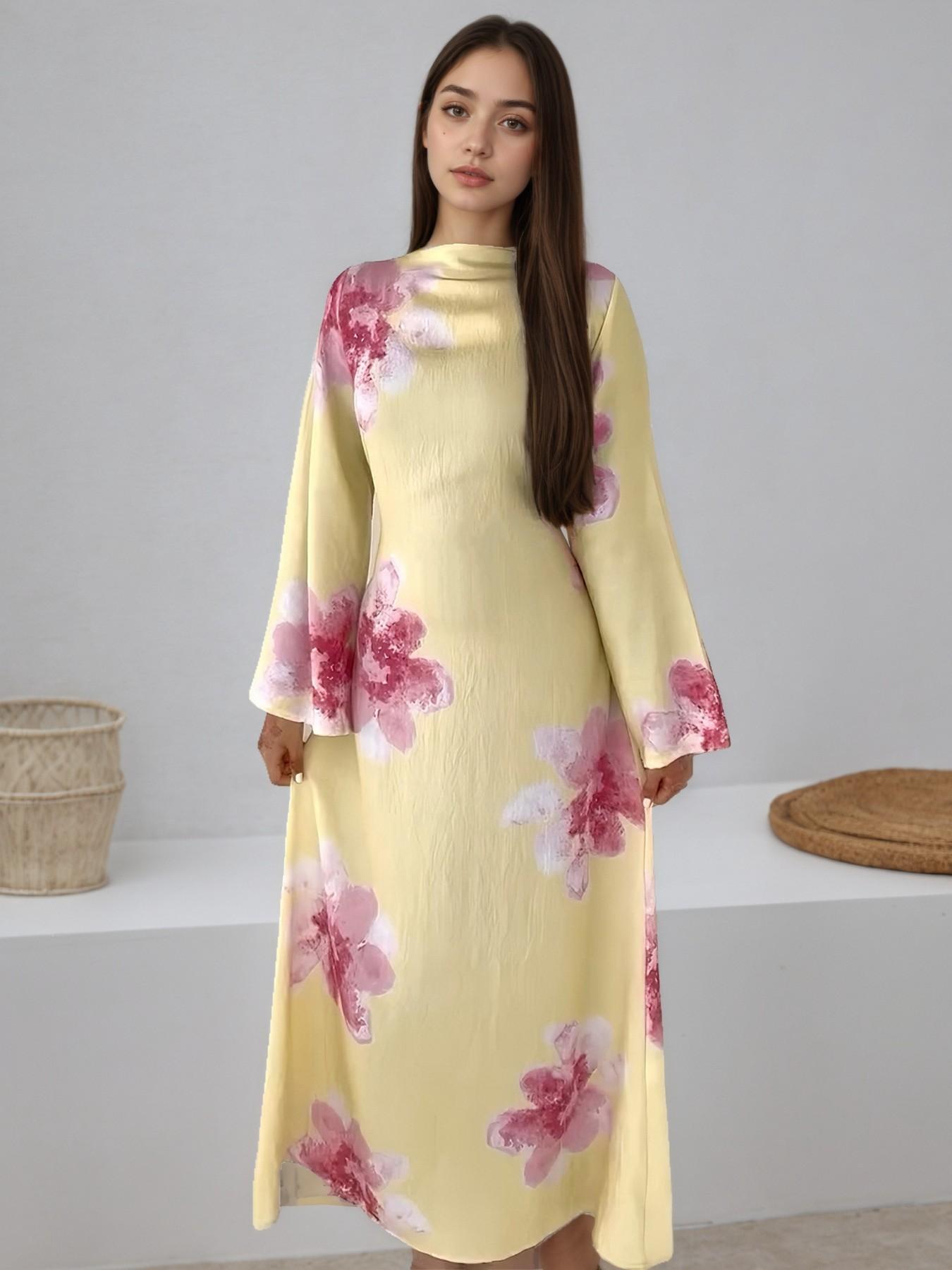 New Women's Elegant Loose-Fit Long Dress, Modest Muslim Clothing, Multi-Color Choice, Bell Sleeve, All Over Floral Print, Casual Daily Wear, Vacation Dress