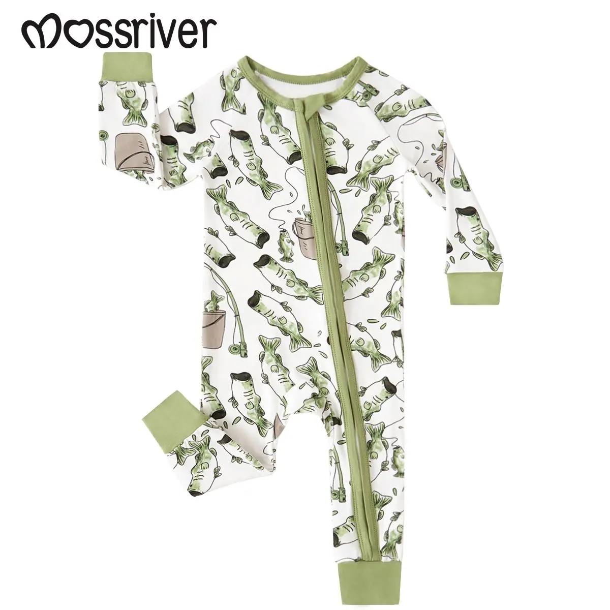 MOSSRIVER Boys' Bamboo Long Sleeve 1-Piece Fishing Print Zipper Sleepwear Outfit - Super Soft Breathable All-Season Gift Kids' Sleepwear, Soft Breathable Sleepwear
