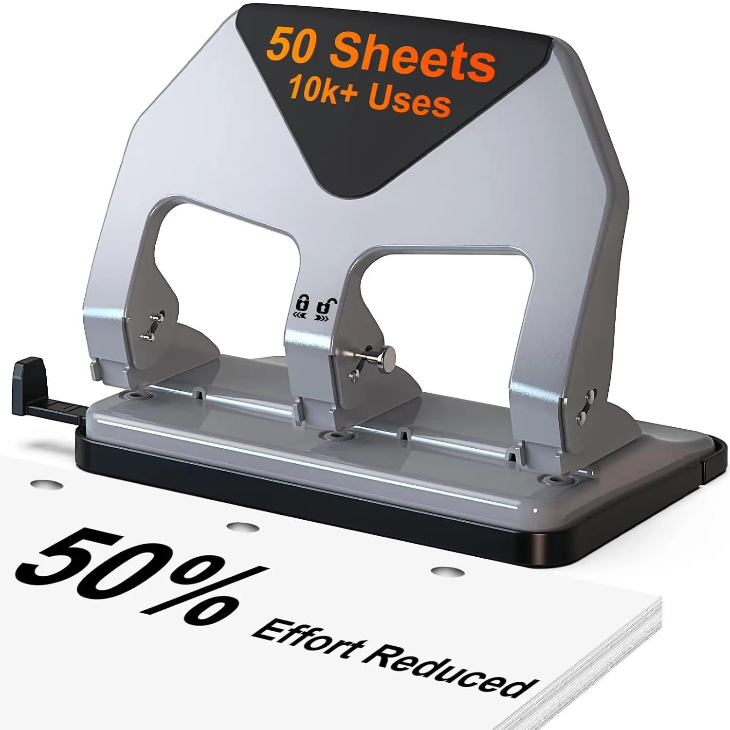 Heavy Duty 3-Hole Puncher, 50-Sheet Capacity, 50% Reduced Effort, 10,000+ Uses, 9/32" Holes, S.S. Paper Guide, Metal Punch for Home Office Binder HP20