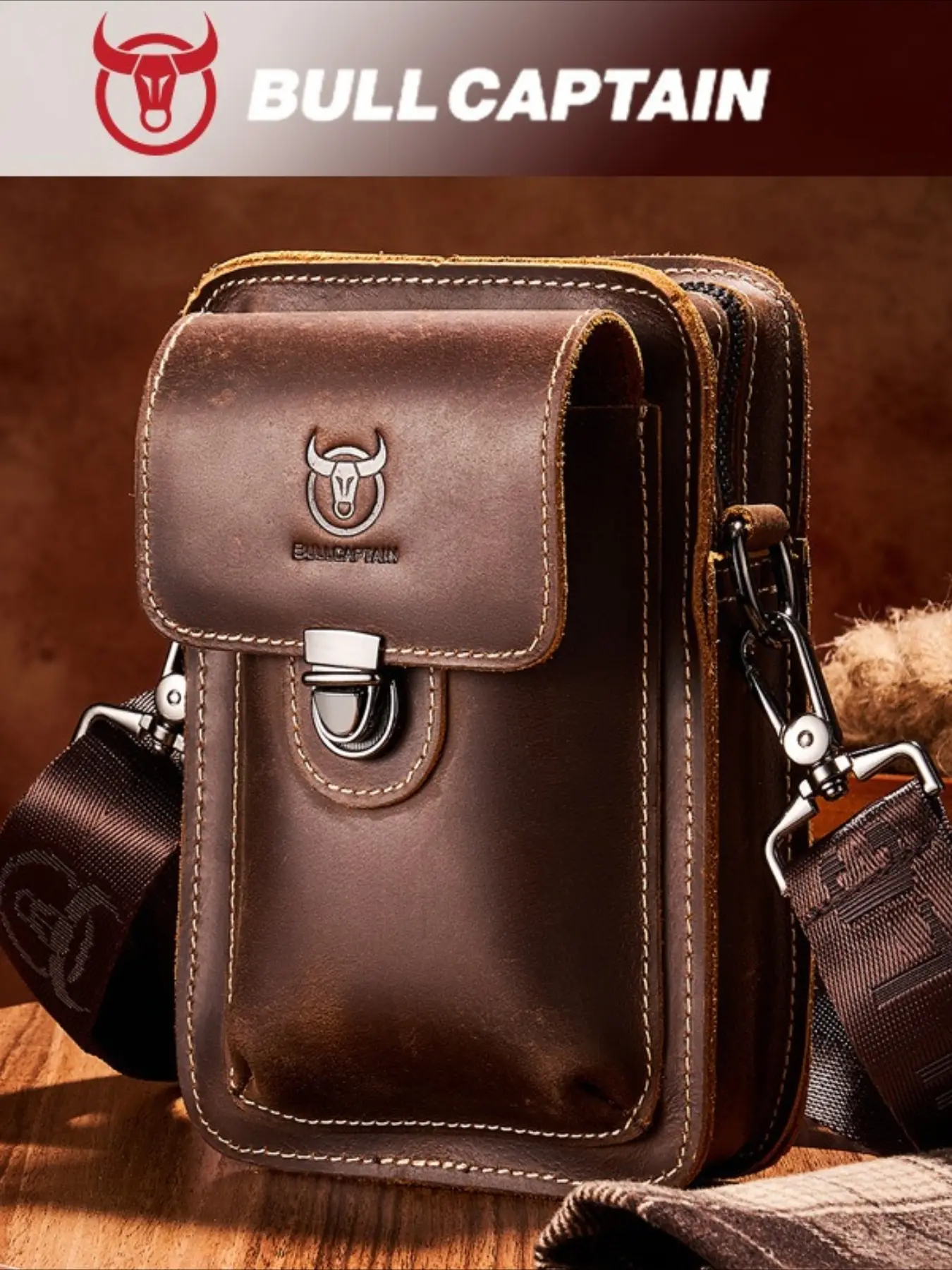 Crazy Horse Leather Men's Leather Casual Wear Belt Mobile Phone Fanny Bag First Layer Cowhide Multifunctional Shoulder Crossbody Mobile Phone Bag