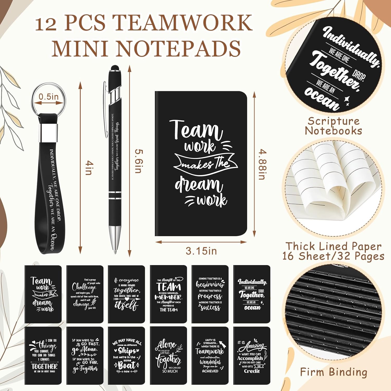 12 Sets / 48 count Team Appreciation Gifts for Employee, 24 oz Inspirational Plastic Cups Bulk with Lid and Straw Notebooks Ballpoint Pens  Set, Bulk Gifts for Coworkers (Black)