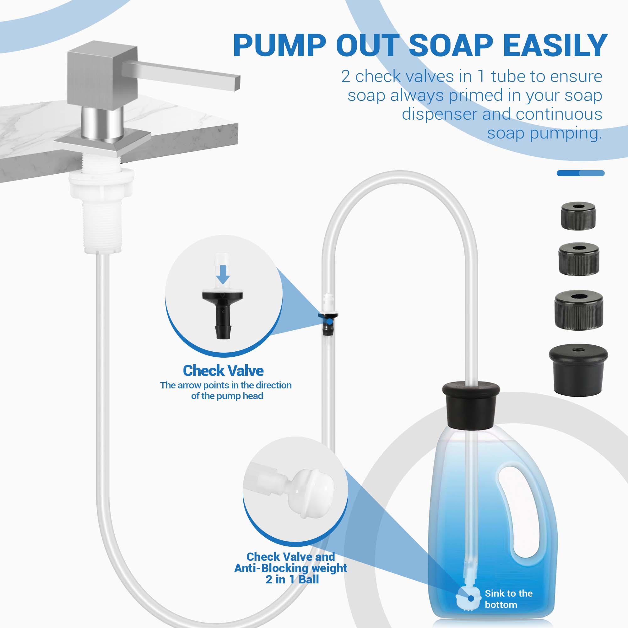 Kitchen Hack - Sink Soap Dispenser Tube Kit, with 47" Tube Hose and Check Valve for Prevent Backflow for Countertop Dispensador De Jabon de Cocina Kitchen Sink Accessories Home Goods Water White Silicone Bottle Container Installation Pump Outdoorfun