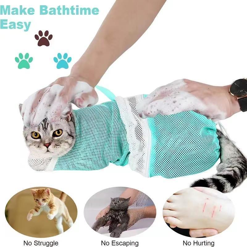 Adjustable Cat Bathing Mesh Bag, Anti-Bite Anti-Scratch Restraint Bag for Grooming, Nail Trimming & Injection, Portable Drawstring Shower Bag for Cats