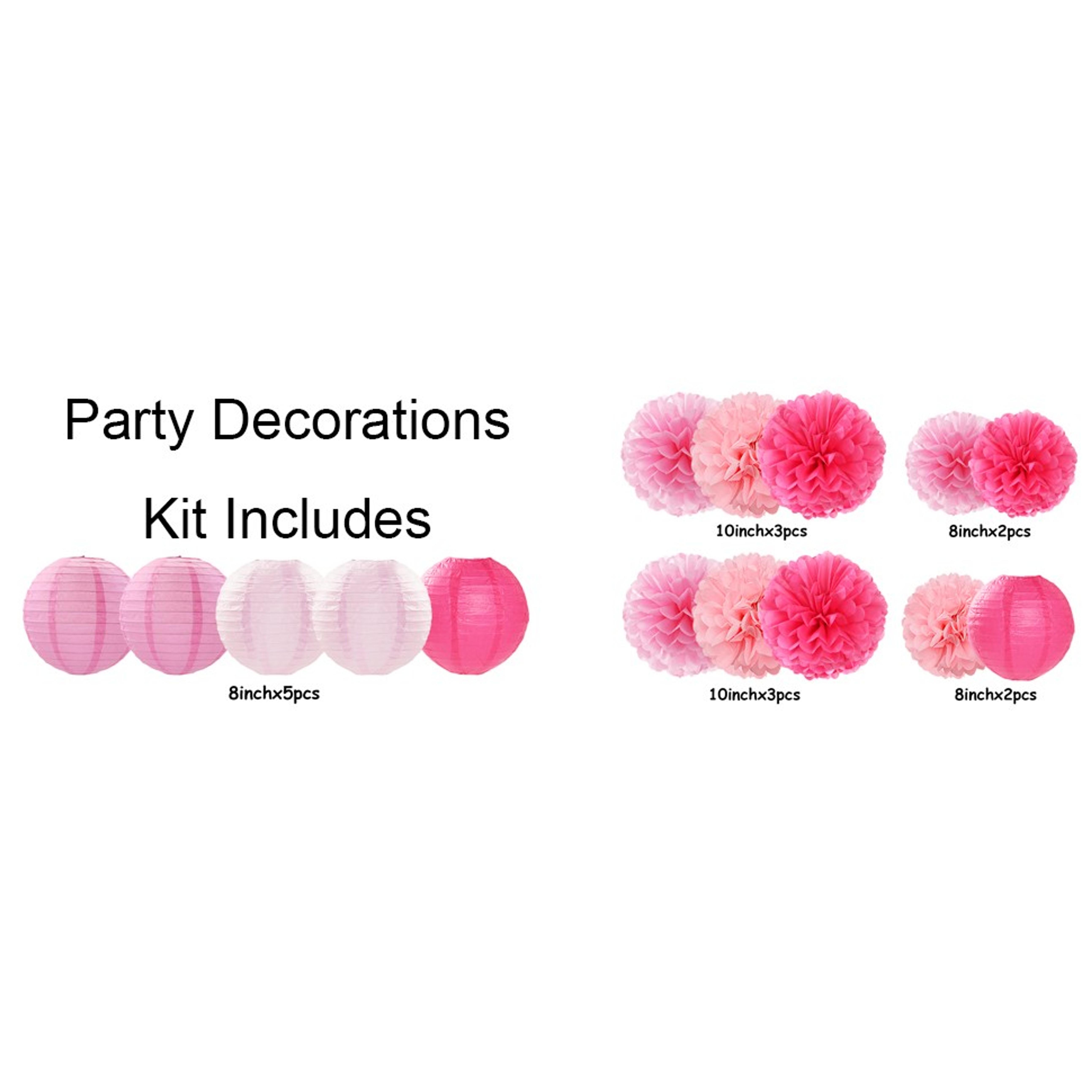 15-Piece Light Hot Pink Party Decor Kit - Paper Flowers, Lanterns, Tissue Pom Poms, Streamers, Photo Backdrop Prop Pack for Girl Birthday, Graduation Hanging Supplies, Colorful