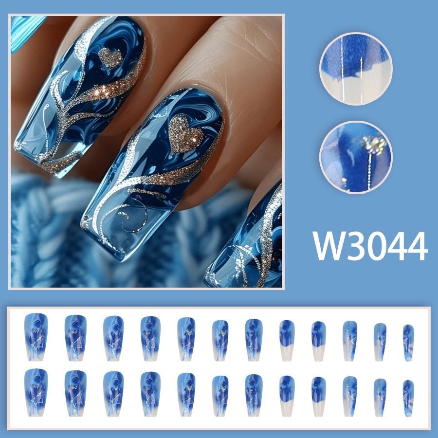 24-Piece Coffin Nail Set, Deep Blue Heart Design, Full Size Fit, Luxurious Glass Texture Sparkle, Tiktok Trending Manicure Kit