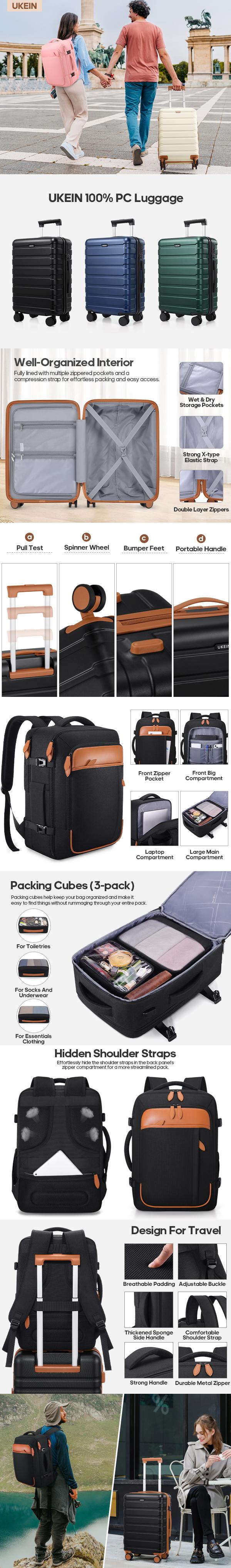 UKEIN Carry On Luggage Set with 20 Inch Hardshell Suitcase and Travel Backpack, Polycarbonate Spinner Luggage with TSA Lock, Lightweight Durable Suitcase for Women Men