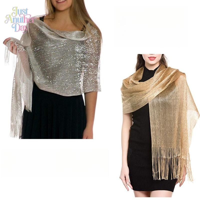 Shimmering Metallic Lurex Evening Shawl with Fringe, Elegant Gold/Silver Sparkly Wrap Stole for Brides, Wedding Guests, Prom & Formal Parties