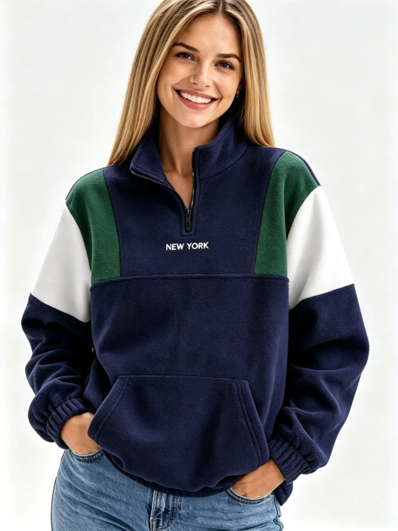 Women's Preppy Color-Block Half Zip Fleece Sweatshirt, New York Letter Print, Stand Collar, Fluffy Plush Pullover, Casual Fall Winter Top, Casual Sweatshirts