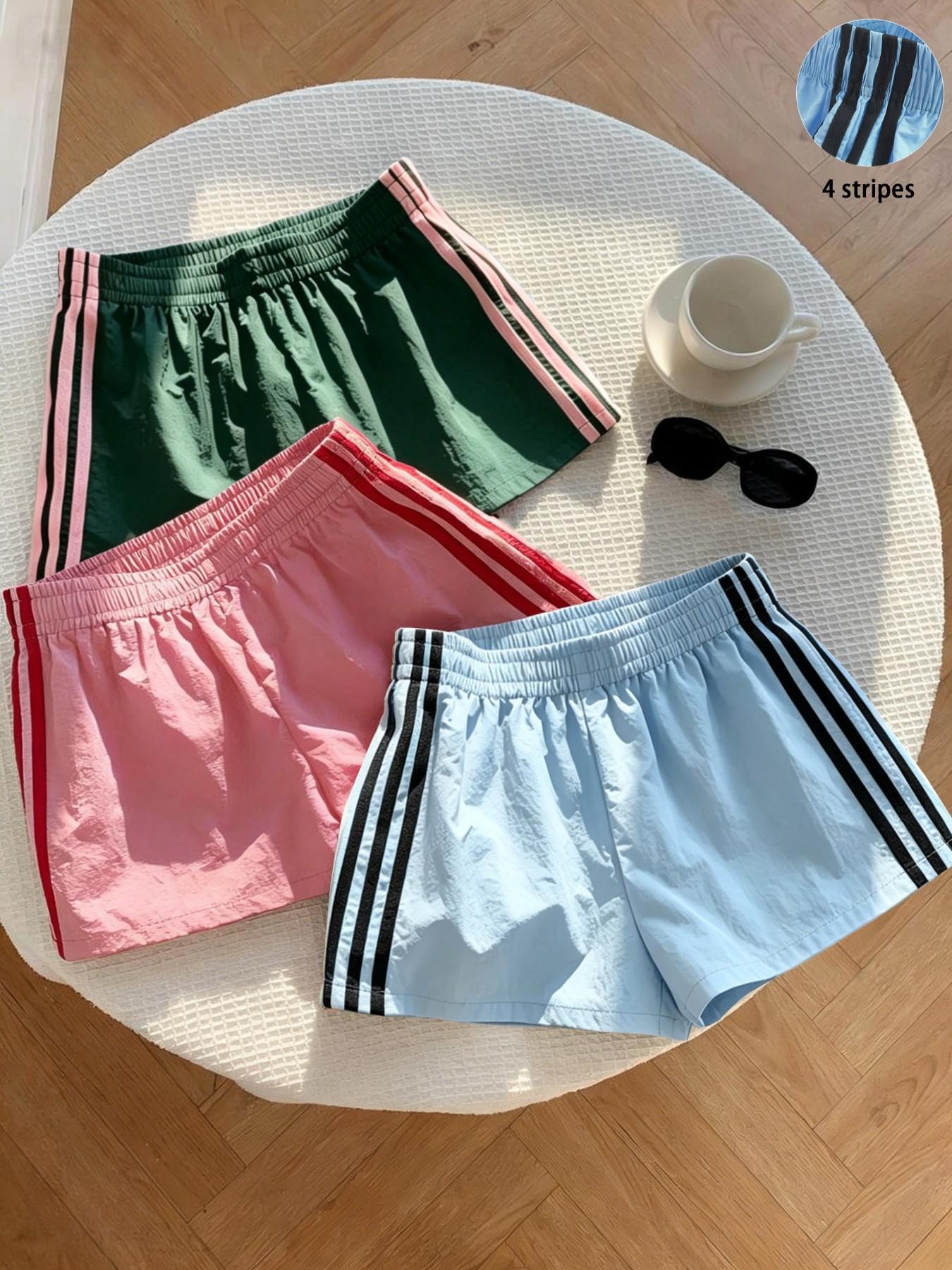 Women's Summer Striped Lightweight Athleisure Shorts, Elastic Waist Loose-Fit Workout Shorts, Casual Beachwear, Multiple Colors Available, Loose Sporty Shorts