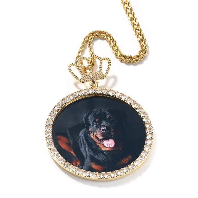 Crown Chain Round Photo Customizable Memory Photo Pendant Copper Plated Hip Hop Men's Necklace