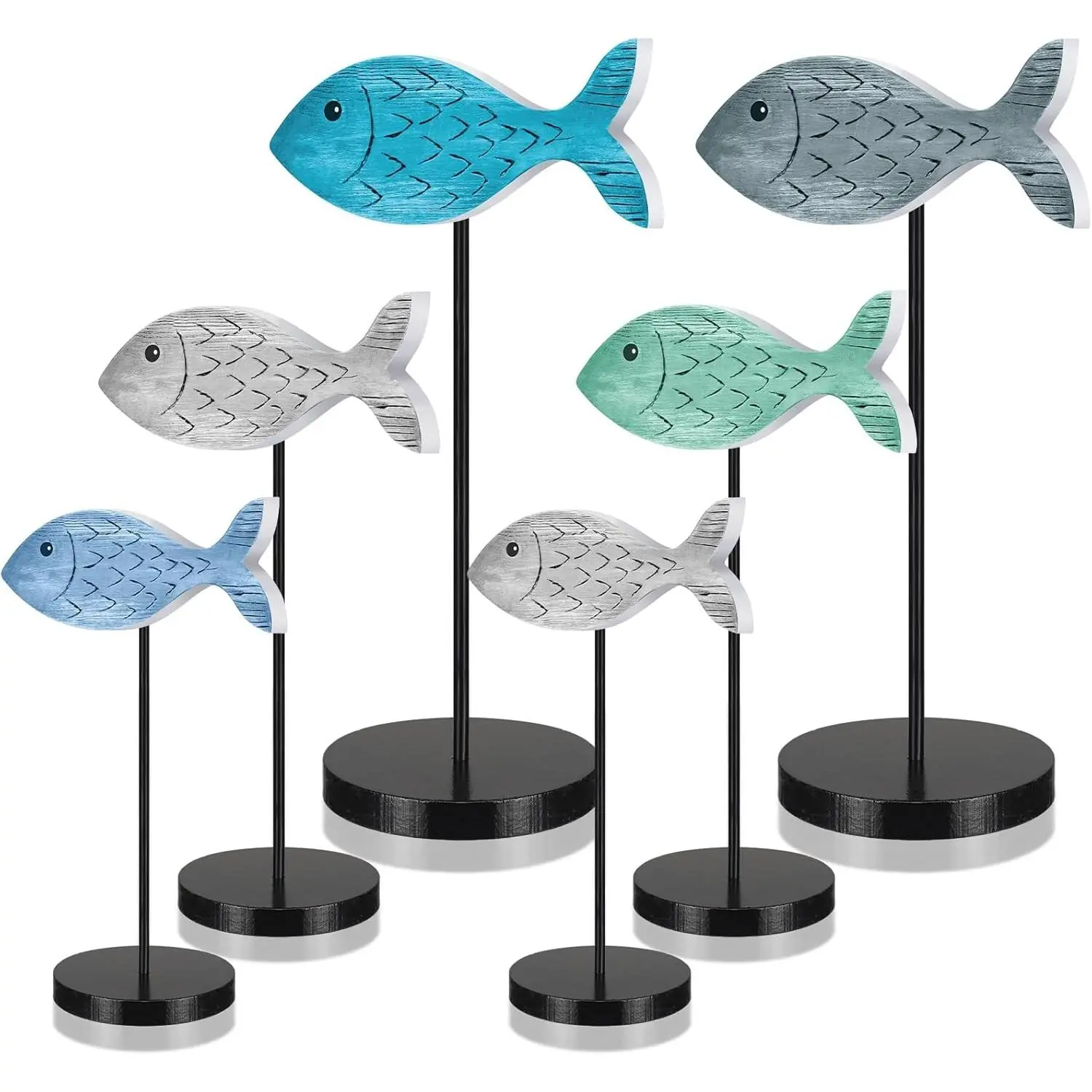 6 Pcs Wooden Fish Table Decor Summer Ocean Tabletop Centerpiece Sea Animal Standing Sign Rustic Wood Fish Home Decor Coastal Beach Figurines Block for House Office(Classic Style)