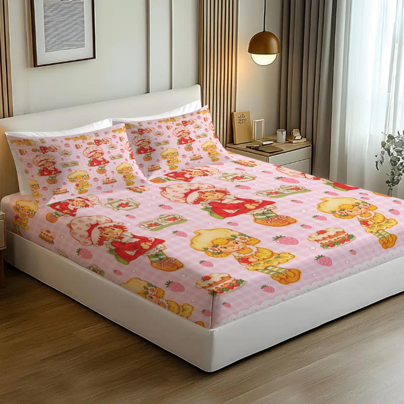 Q Version Strawberry Sweetheart Cartoon Fitted Sheet Set & 2 Pillowcases No Core, Wavy Stripe Design Paired with Cute Cartoon Characters, Soft Anti-Slip Wrinkle-Resistant, Girls' Bedroom Decor, Gift Choice