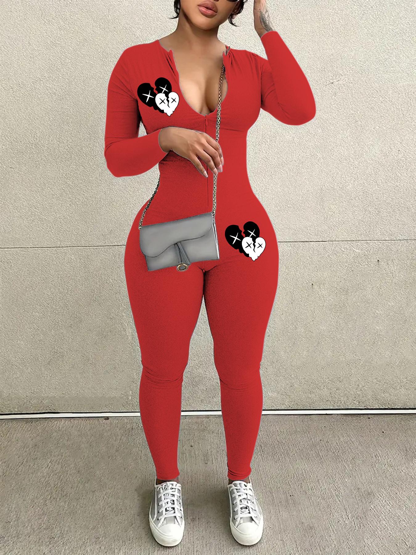 Women's Heart Print Zipper Jumpsuit, Casual Long Sleeve Round Neck Jumpsuit for Daily Wear, Ladies Clothes for All Seasons