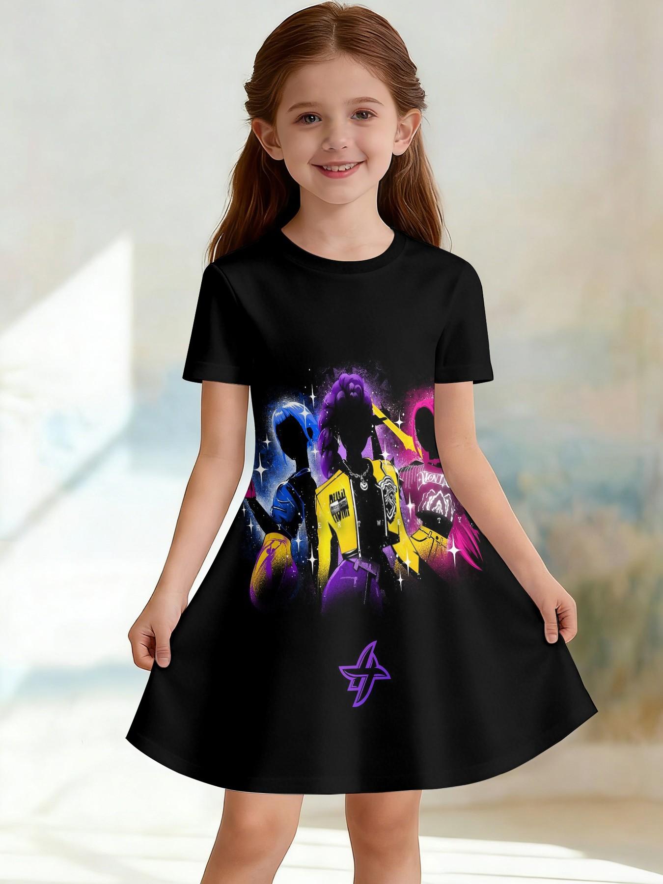 Trendy Girls' Dark Starry Print A-Line Dress, Cool Group Style Short Sleeve Dress, Fashion Outdoor Wear, Birthday & Holiday Gift