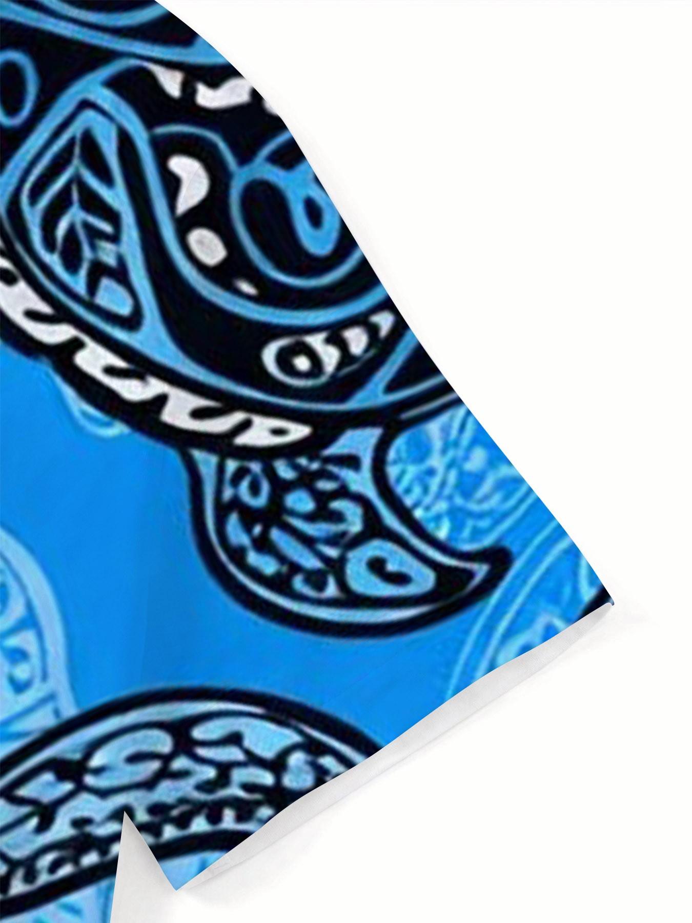 Men's Hawaiian Tropical Vacation Short Sleeve Collared Casual Shirt, Hawaiian Tropical Patterns, Blue Bottom Tribe Totem Turtle Print, Menswear