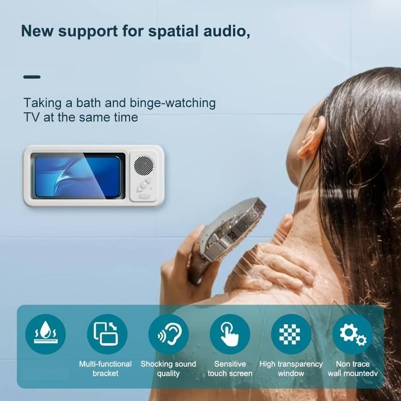Waterproof box-type speaker, Rechargeable waterproof speaker, Multifunctional speaker, 360° touch screen, watch movies, listen to music, phone holder, audio shower stand, bathroom, kitchen, swimming pool, holiday gift