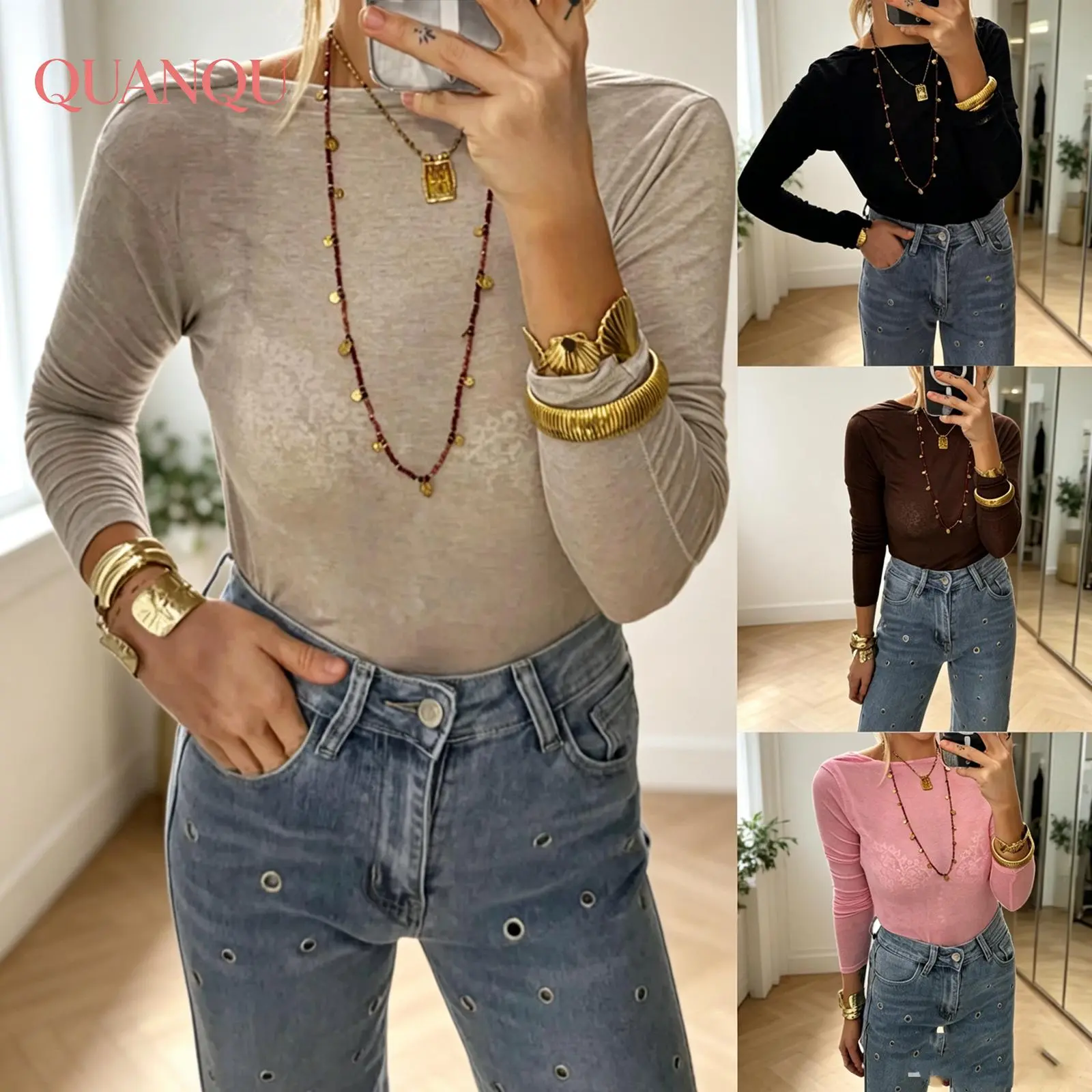 Women's Backless Tops Stylish Solid Boat Neck Long Sleeve Blouse for All Seasons